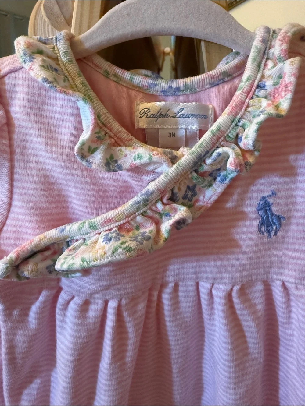 Ralph Lauren Baby Girls Pink Stripe Floral Ruffle Footless Romper 3M Pony Logo